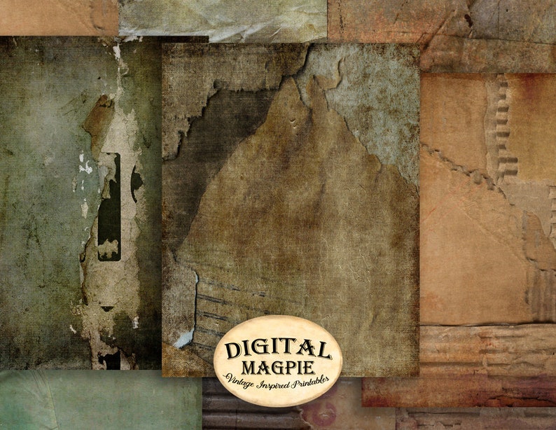 May include: A digital paper pack with six vintage-inspired textures. The textures are in shades of brown, green, and blue. The textures are distressed and have a worn look. The pack is called "Digital Magpie" and is described as "Vintage Inspired Printables".