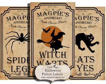 Etiquetas de poção de Halloween, etiquetas de boticário para potes, etiquetas de garrafas e enfeite de álbum de recortes, aranha de bruxa vintage