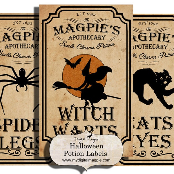 Halloween potion labels apothecary labels for jars bottles tags and scrapbook embellishment vintage witch spider