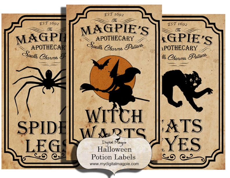 May include: Three vintage-style Halloween potion bottle labels with black silhouettes of a spider, witch, and cat. The labels are printed on a parchment-like background with black text that reads "The Magpie's Apothecary Spells Charms Potions" and "EST 1692". The labels are titled "Spider Legs", "Witch Warts", and "Cats Eyes".