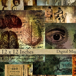 Pode incluir: Uma colagem digital de ilustra&ccedil;&otilde;es e texto vintage, incluindo um c&eacute;rebro humano, um olho, uma m&atilde;o de esqueleto e uma garrafa de xarope para tosse. A colagem mede 30,48 cm por 30,48 cm e tem um fundo de papel castanho.