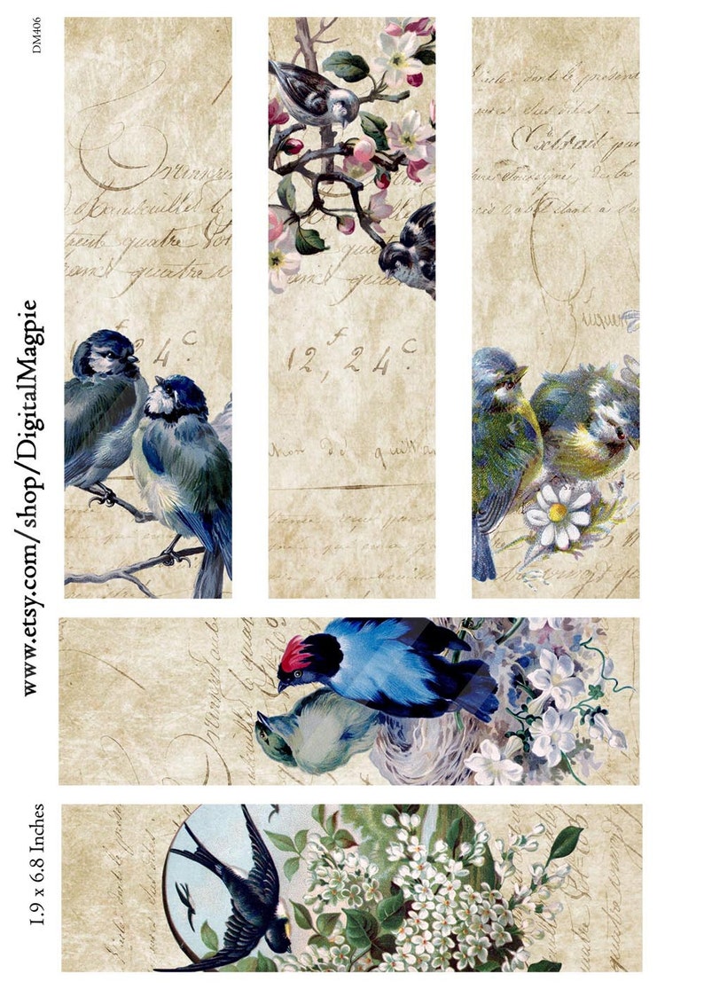 Printable Bird Bookmarks Digital Collage Sheet Book Lover Gift Etsy UK
