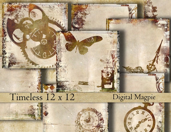 Paquete de papel digital relojes vintage scrapbook papel texturizado envejecido bordes destrozados 12 x 12 hojas digitales imprimibles descarga instantanea Etsy Espana