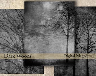 Digital paper pack trees dark woods black grey white creepy spooky printable download digital scrapbook papers forest monotone