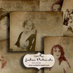 vintage postales atc collage digital hoja descargar etiquetas imprimibles 2.5 x 3.5 vintage damas sepia coloreado etiquetas de regalo papel de fondo