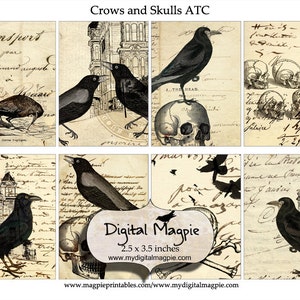 Halloween digital collage sheet printable ATC tag 2.5 x 3.5 inch vintage image download crow skull craft and scrapbooking instant download image 1