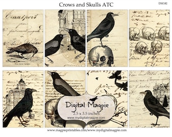 Halloween digital collage sheet printable ATC tag 2.5 x 3.5 inch vintage image download crow skull craft and scrapbooking instant download