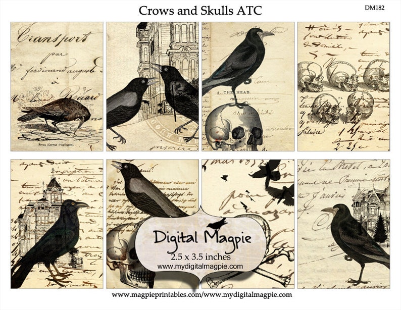 Halloween digital collage sheet printable ATC tag 2.5 x 3.5 inch vintage image download crow skull craft and scrapbooking instant download image 1