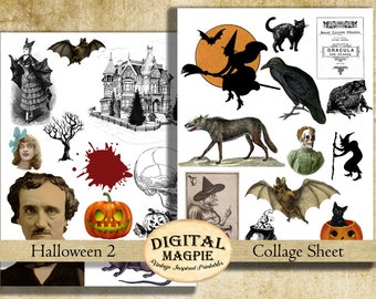 Halloween digital collage sheet clipart graphics witch skeleton pumpkin scrapbook journal images printable trick or treat instant download