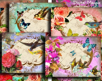 Digital collage sheet - birds and flowers - atc size - vintage - shabby - printable - instant download