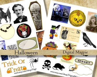 Halloween digital collage sheet clipart graphics Poe skeleton pumpkin scrapbook journal images printable trick or treat instant download