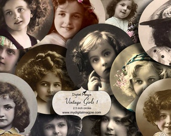 hoja de collage digital 2.5 pulgadas círculos niños vintage niñas descarga instantánea imágenes redondas para espejos de bolsillo