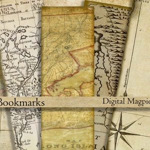 May include: A set of six vintage-style bookmarks featuring antique maps with text, including "ESTOTILANDK OU TERRE DE", "NOUVELLE", "BARTAGNE", "MAP", "LONG ISLAI A", "PLUS HOOK", "NOR", and "Digital Magpie".