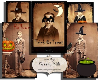 Halloween Vintage digitale Collage Sheet Karten gruselige Hexe Kinder Tags Atcs Scrapbooking Journale Instant Download