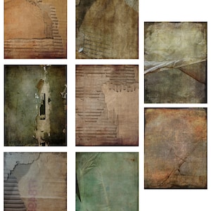 May include: Nine different textures of distressed paper, each with a unique pattern of tears, creases, and faded colors. The paper is a mix of brown, green, and beige.