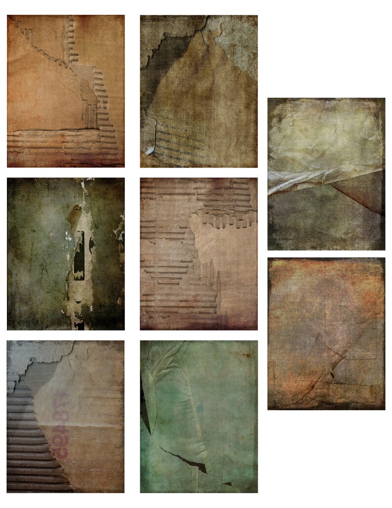 May include: Nine different textures of distressed paper, each with a unique pattern of tears, creases, and faded colors. The paper is a mix of brown, green, and beige.