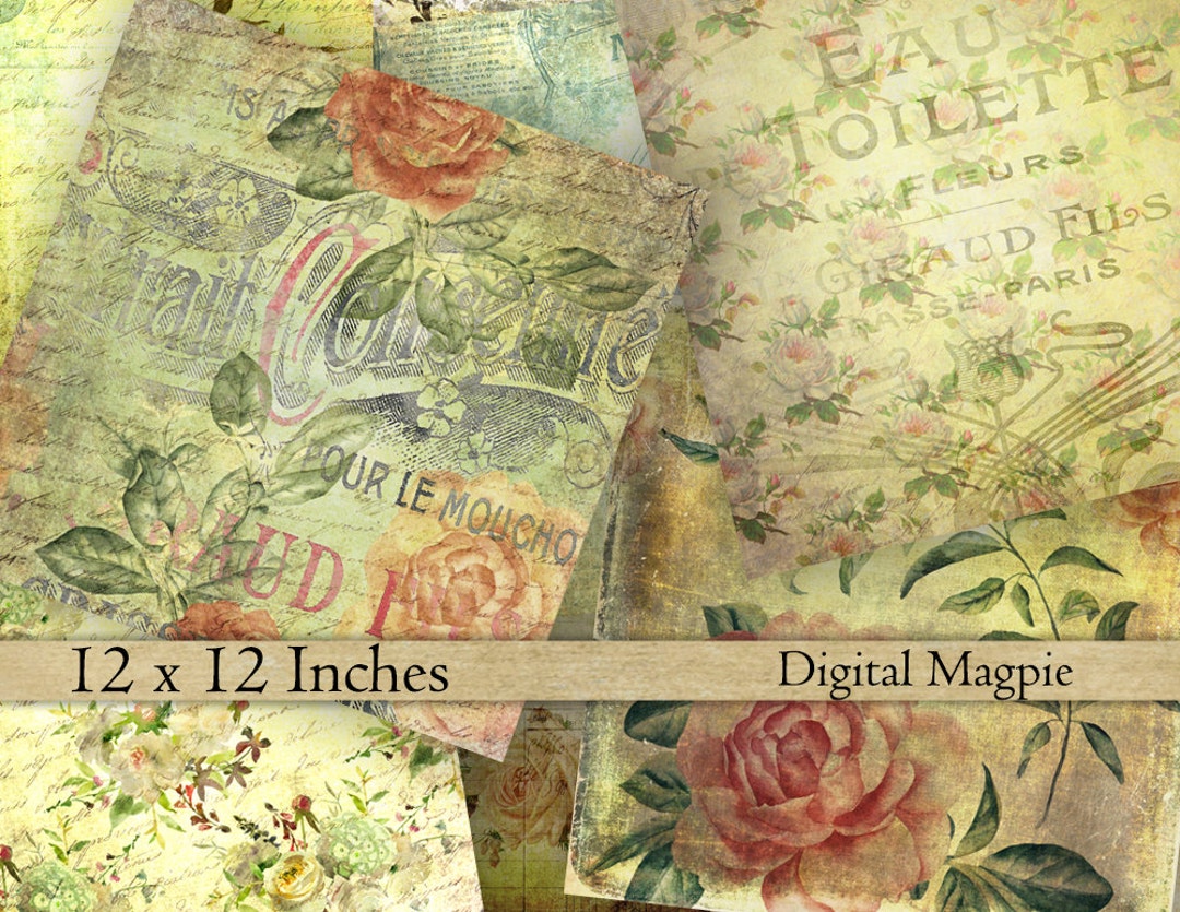 Shabby Roses Vintage Scrapbook Paper Textured Digital Paper Pack Aged ...