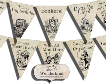 Alice In Wonderland party banner digital download pennant collage sheet instant download scrapbook