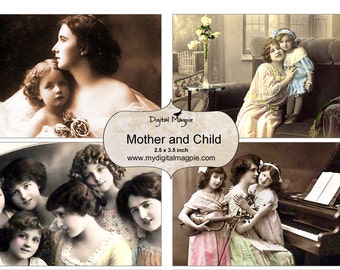 Madre e hijo collage digital vintage fotografía antigua imprimible niño sepia atc fondo 2.5 x 3.5 ACEO imagen de artesanía de descarga instantánea