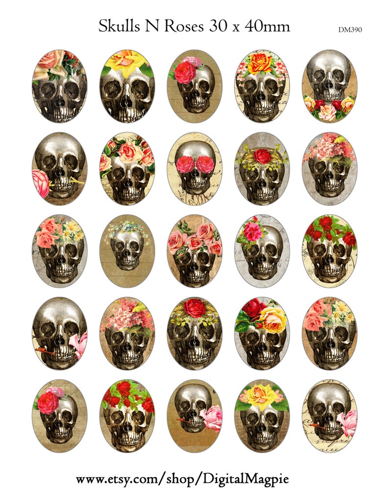 Halloween vintage Skulls 30 x 40 mm ovals digital collage sheet for pendants jewelry printable images instant download image 4