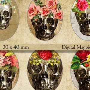 Halloween vintage Skulls 30 x 40 mm ovals digital collage sheet for pendants jewelry printable images instant download image 1