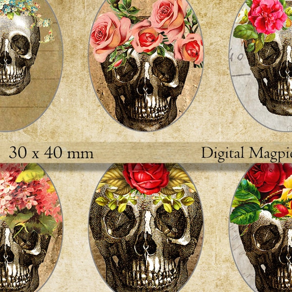 Halloween vintage Skulls 30 x 40 mm ovals digital collage sheet for pendants jewelry printable images instant download