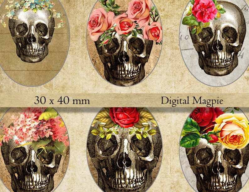 Halloween vintage Skulls 30 x 40 mm ovals digital collage sheet for pendants jewelry printable images instant download image 1