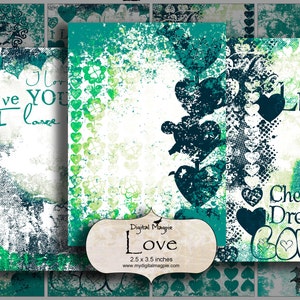Valentine Digital collage sheet ATC printable background  2.5 x 3.5 with heart images words love for gift tags cards and scrapbooking