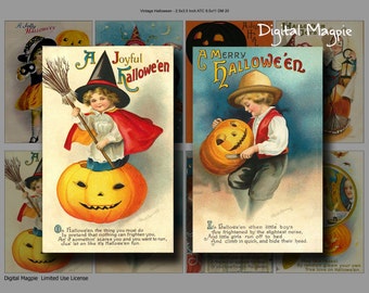 Halloween Vintage digital collage sheet printable ATC tags 2.3 x 3.5 inch instant download witch pumpkin images