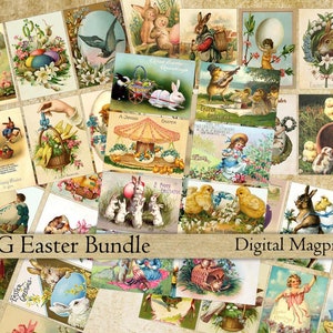 May include: A digital collage of vintage Easter images featuring bunnies, chicks, eggs, and flowers. The images are in a variety of styles and colours, and they are all set against a light brown background. The text "BIG Easter Bundle" and "Digital Magpie" are at the bottom of the collage.