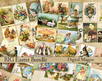 Easter vintage images Big Bundle clipart printable digital collage sheet  tags 2.5 x 3.5 instant download rabbits chicks angels craft images