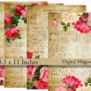 Antique French Floral Sheet Music digital paper pack printable scrapbook old paper background grunge aged instant download 8.5 x 11