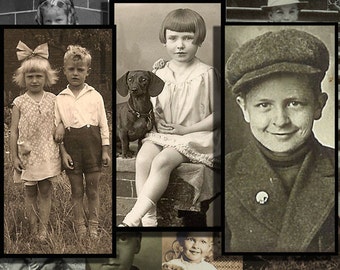 Vintage children 1 x 2 inch Digital Collage Sheet Images Printable Download for domino size pendants kids rectangle jewelry images sepia