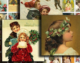 Vintage Christmas 1 inch squares pendant images digital collage sheet inchies instant download angels santa vintage cards