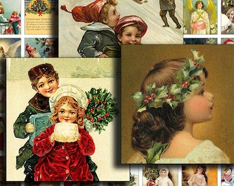 May include: A vintage Christmas card collage featuring children in winter scenes, including a girl with a holly wreath, a boy with a gift, and a couple of children sledding. The card has a gold background and is decorated with holly and berries.