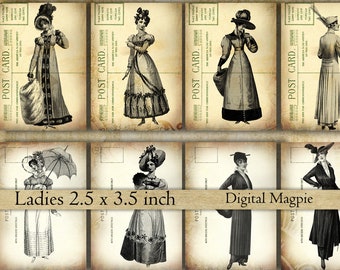 Vintage ladies printable images Victorian women postcard tags digital download 2.5 x 3.5 ATC aged gift tags instant download