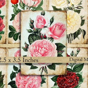 Shabby Roses printable tags digital download 2.5 x 3.5 ATC vintage aged gift tags instant download Victorian flowers