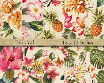 Tropical flowers digital scrapbook paper vintage retro floral grungy printable background tattered edges printable paper pineapple fruit