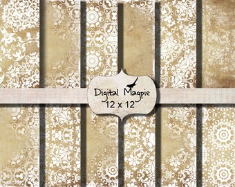 12x12 papier scrapbook numérique shabby chic antique vintage imprimable téléchargement instantané or beige blanc texturé texturé