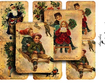 Feuille de collage numérique de Noël - millésime Hiver de Noël - tags - téléchargement numérique - imprimable - téléchargement instantané - enfants vintage