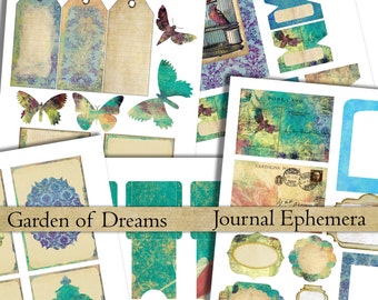 printable journal kit ephemera digital collage sheet Garden of Dreams shabby labels tags tabs pockets journaling instant download scrapbook