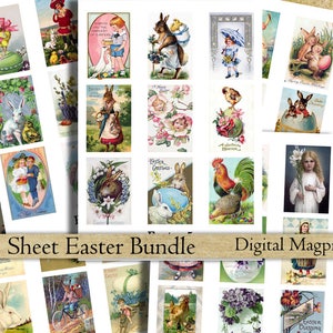 May include: A digital collage sheet with 25 vintage Easter images. The images feature bunnies, chicks, eggs, flowers, and children. The images are perfect for scrapbooking, card making, and other craft projects.