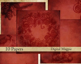 Puede incluir: Un paquete de papel digital con 10 papeles rojos estampados con una corona, piñas, pájaros y el texto "Digital Magpie".