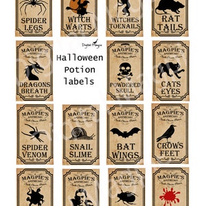 May include: Twelve printable Halloween potion labels featuring various spooky illustrations, including spiders, bats, witches, and skulls. The labels are designed in a vintage apothecary style with a brown background and black text.