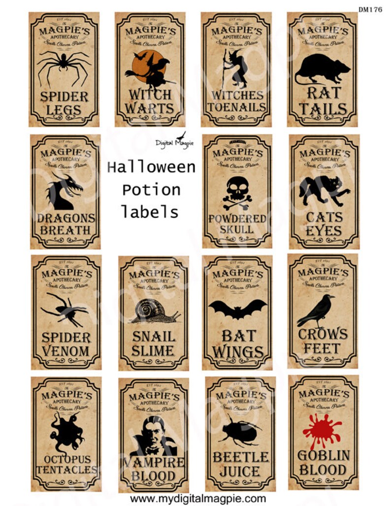 May include: Twelve printable Halloween potion labels featuring various spooky illustrations, including spiders, bats, witches, and skulls. The labels are designed in a vintage apothecary style with a brown background and black text.