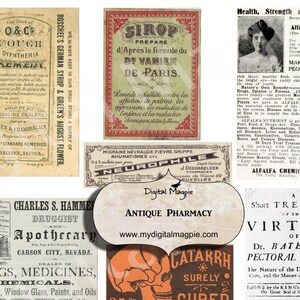 Digital antique vintage apothecary labels pharmacy labels scrapbook ephemera printable collage sheet download medical instant download