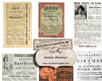 Digital antique vintage apothecary labels pharmacy labels scrapbook ephemera printable collage sheet download medical instant download