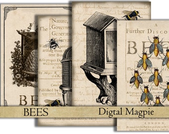 Bees vintage digital paper download image antique printable card beekeeping 5 x 7 card makng,altered art,scrapbook digital clipart honey