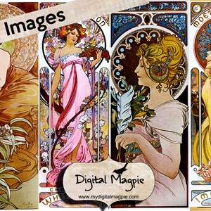 May include: A collection of four vintage art nouveau posters featuring women in elaborate dresses and floral designs. The posters are framed in ornate gold frames and have the text "Moet & Chandon Dry Imperial" and "Ch. de White"