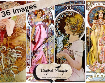 Mucha 1 x 3 inch digital collage sheet microslide Art Nouveau pendant image printable for jewelry